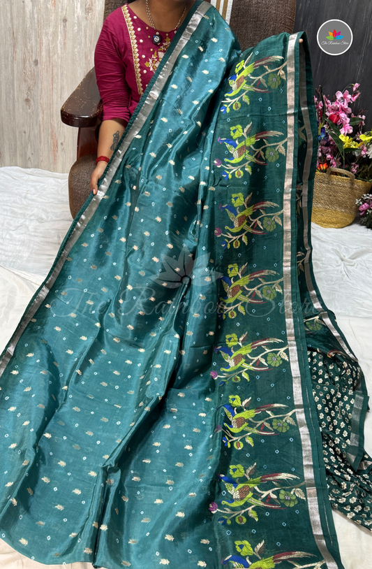 Dual-Tone Paper Silk Saree - Teal Blue & Deep Emerald Green