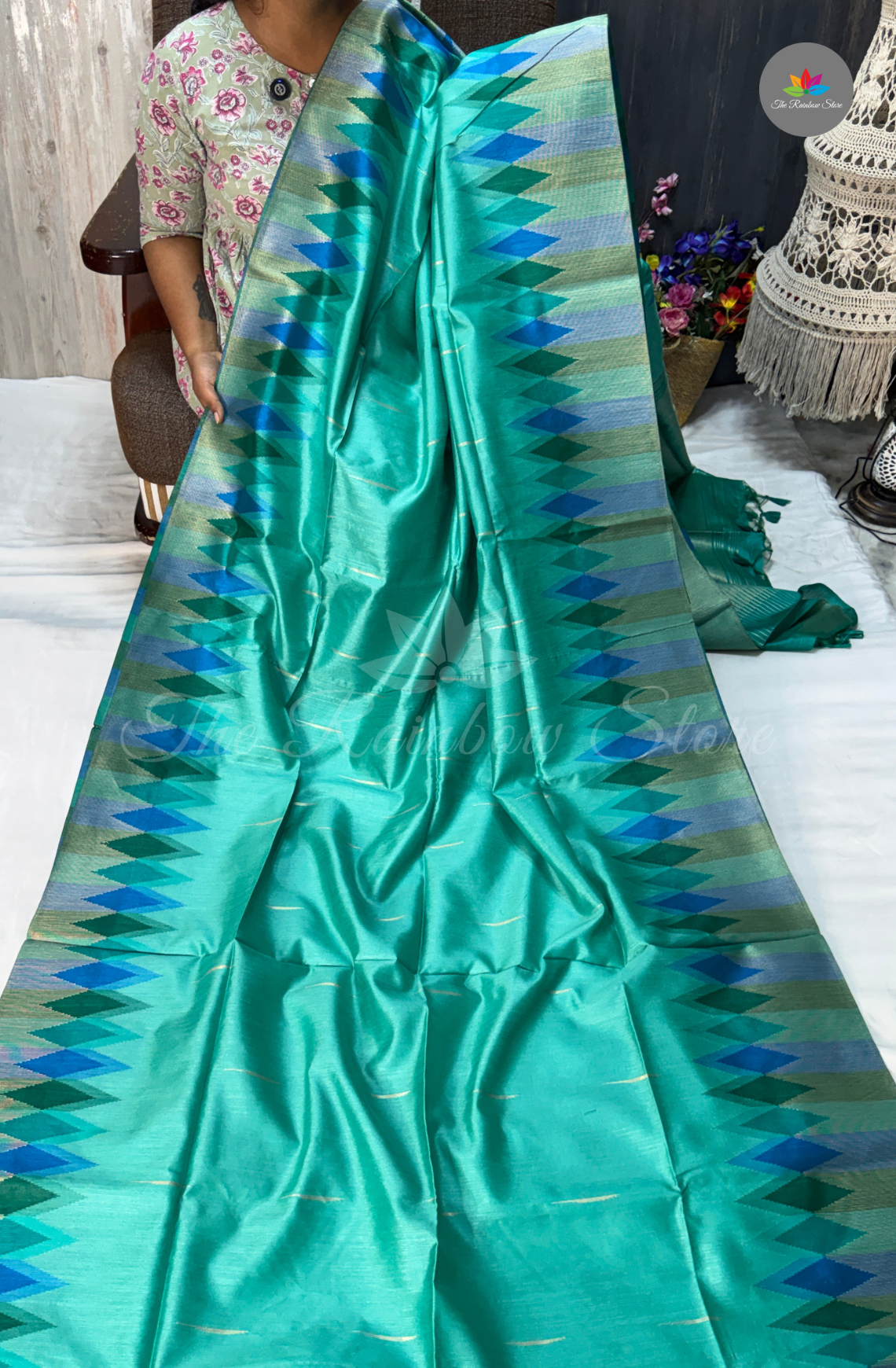 Ikkat Tusser Silk With Jamdani Weaves - Turquoise