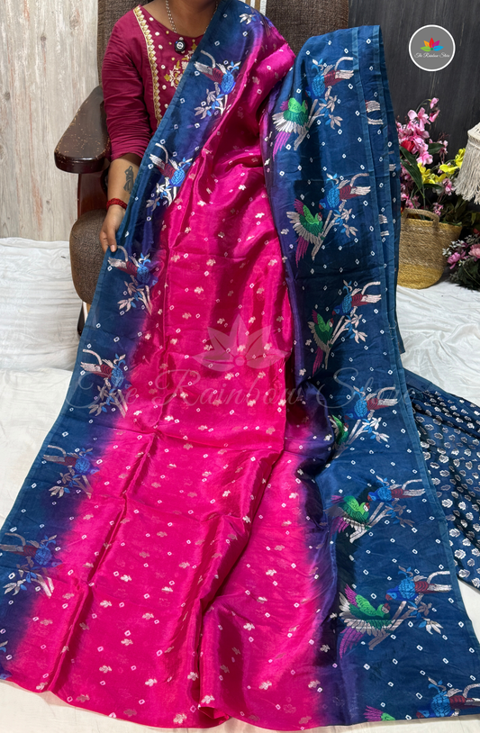 Dual-Tone Paper Silk Saree - Vibrant Pink & Navy Blue