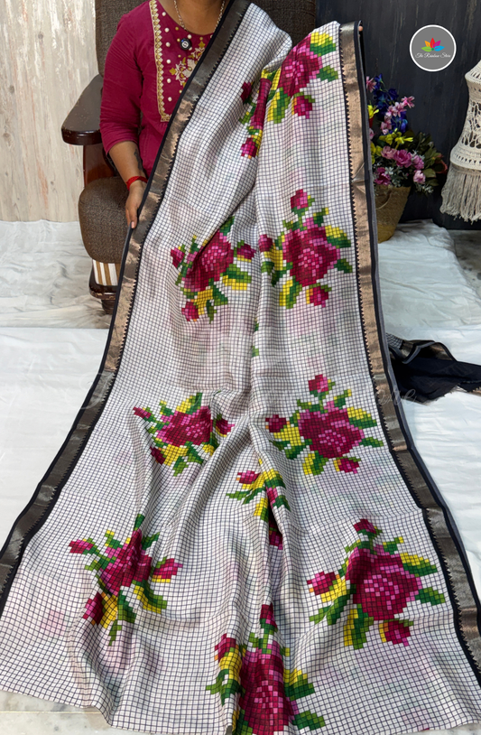 Mangalagiri Pattu Saree - White base with Black checks