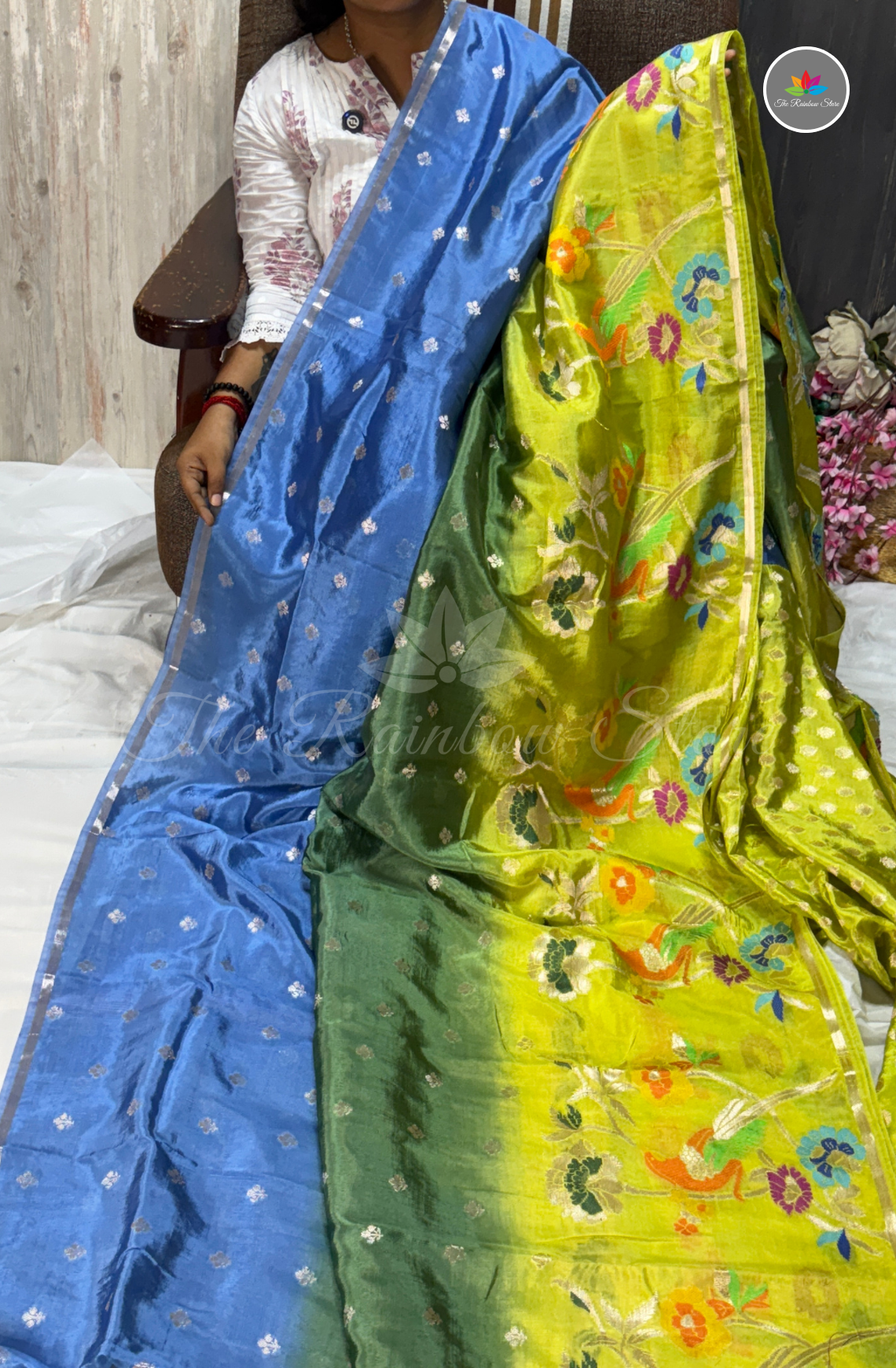 Dual-Tone Paper Silk Saree - Blue & Green