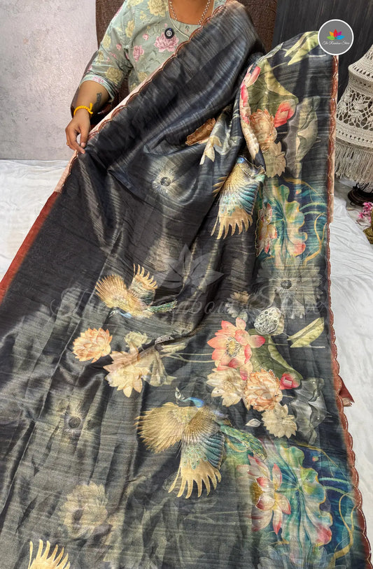 One Gram Tissue Saree - Dark Grey