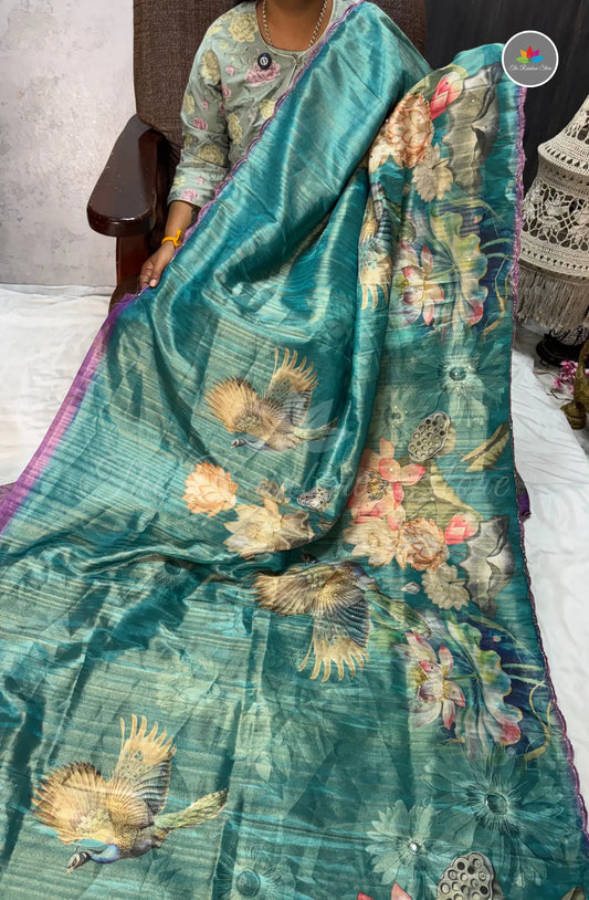 One Gram Tissue Saree - Peacock Blue