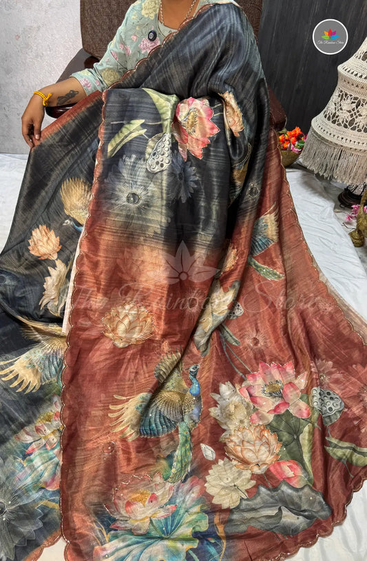 One Gram Tissue Saree - Dark Grey