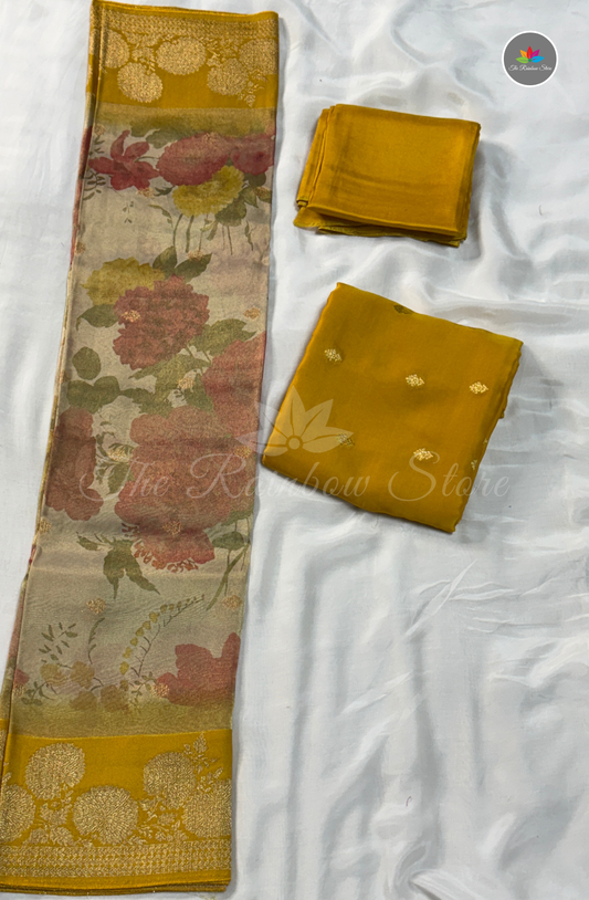 3 Pcs Set Pure Satin Mushru Salwar Material – Yellow