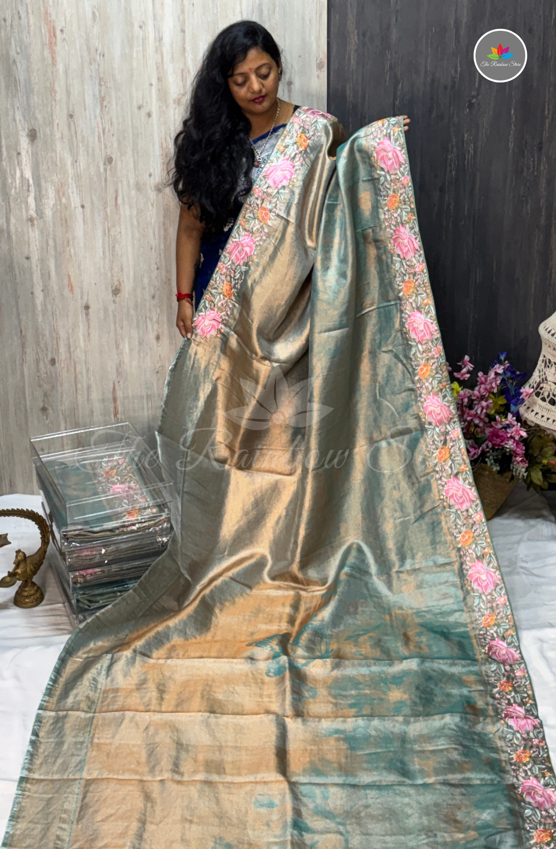 Kanchi Pattu With Petite Embroidery Work - Antique Sage Green with Antique Gold