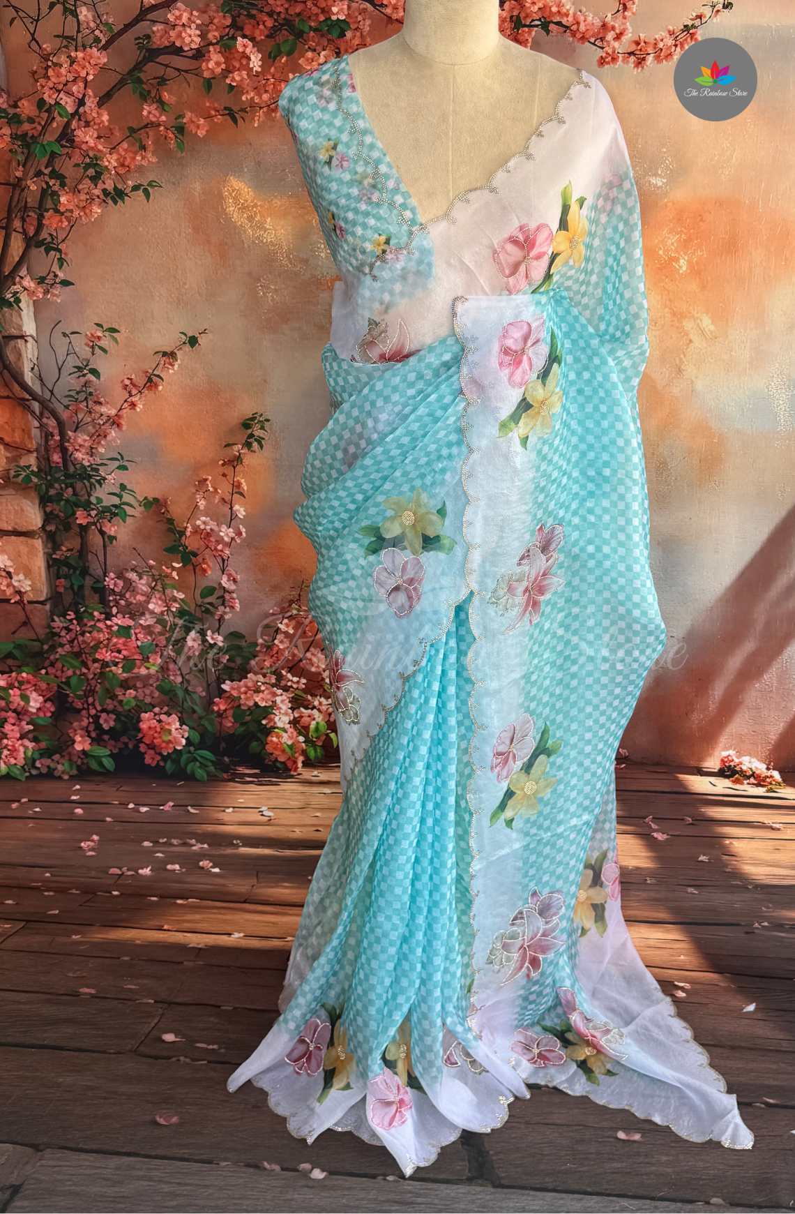 Organza Tissue Saree - Aqua Blue