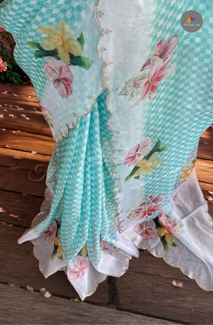 Organza Tissue Saree - Aqua Blue