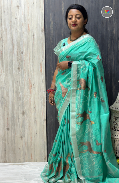 Mangalagiri Pattu Saree with Embroidery and Girafee Motifs - Aqua Mint Green with Silver Zari Border