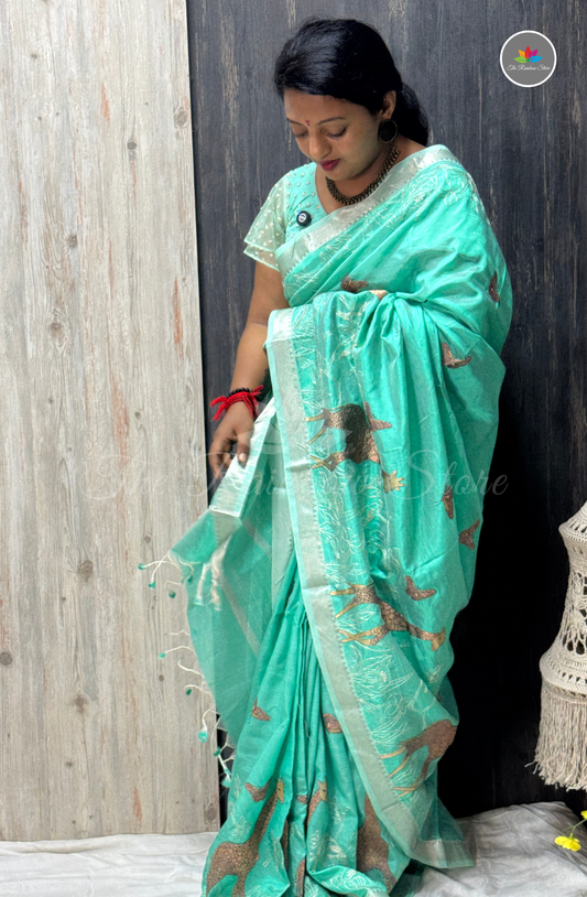 Mangalagiri Pattu Saree with Embroidery and Girafee Motifs - Aqua Mint Green with Silver Zari Border