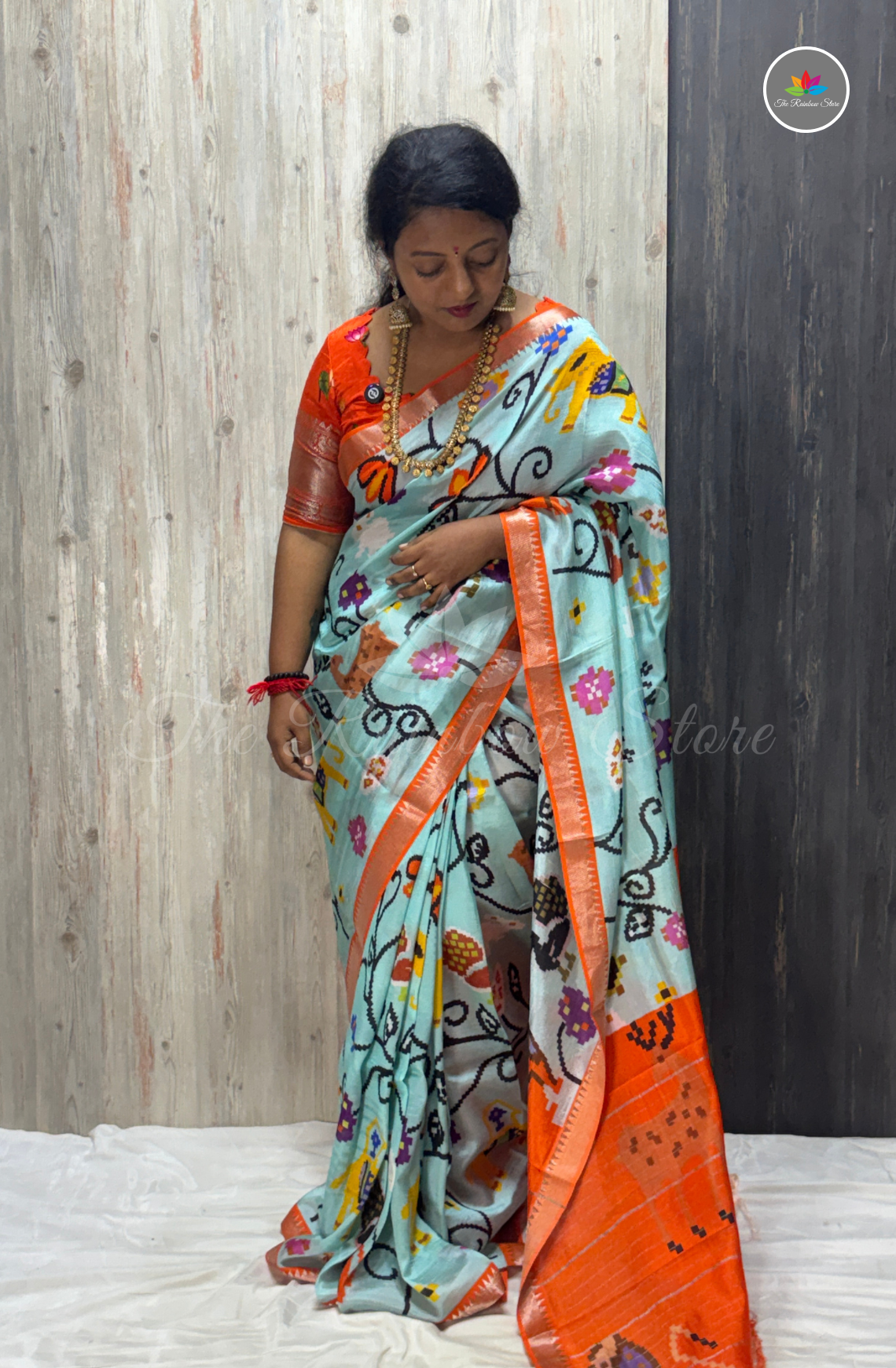 Mangalagiri Pattu Saree - Aqua Blue with Bright Orange Border