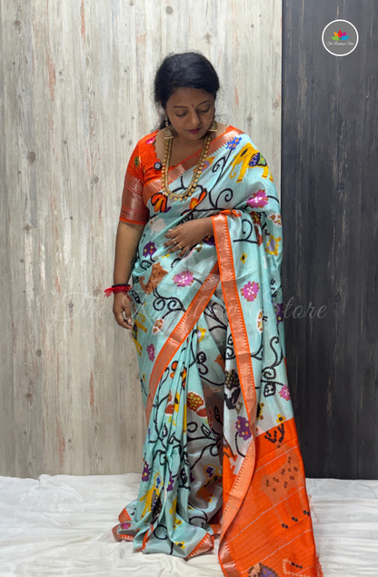 Mangalagiri Pattu Saree - Aqua Blue with Bright Orange Border