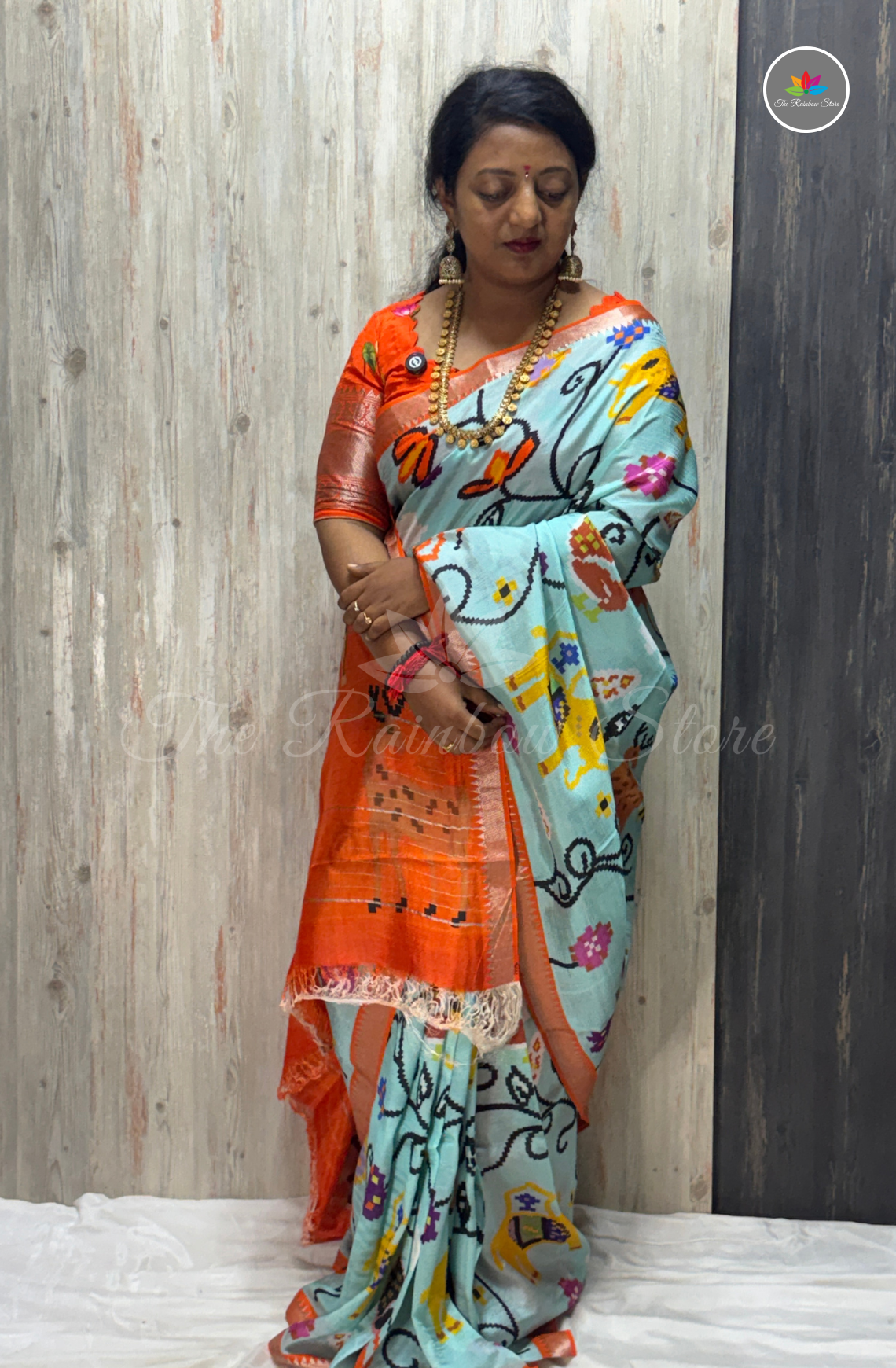 Mangalagiri Pattu Saree - Aqua Blue with Bright Orange Border