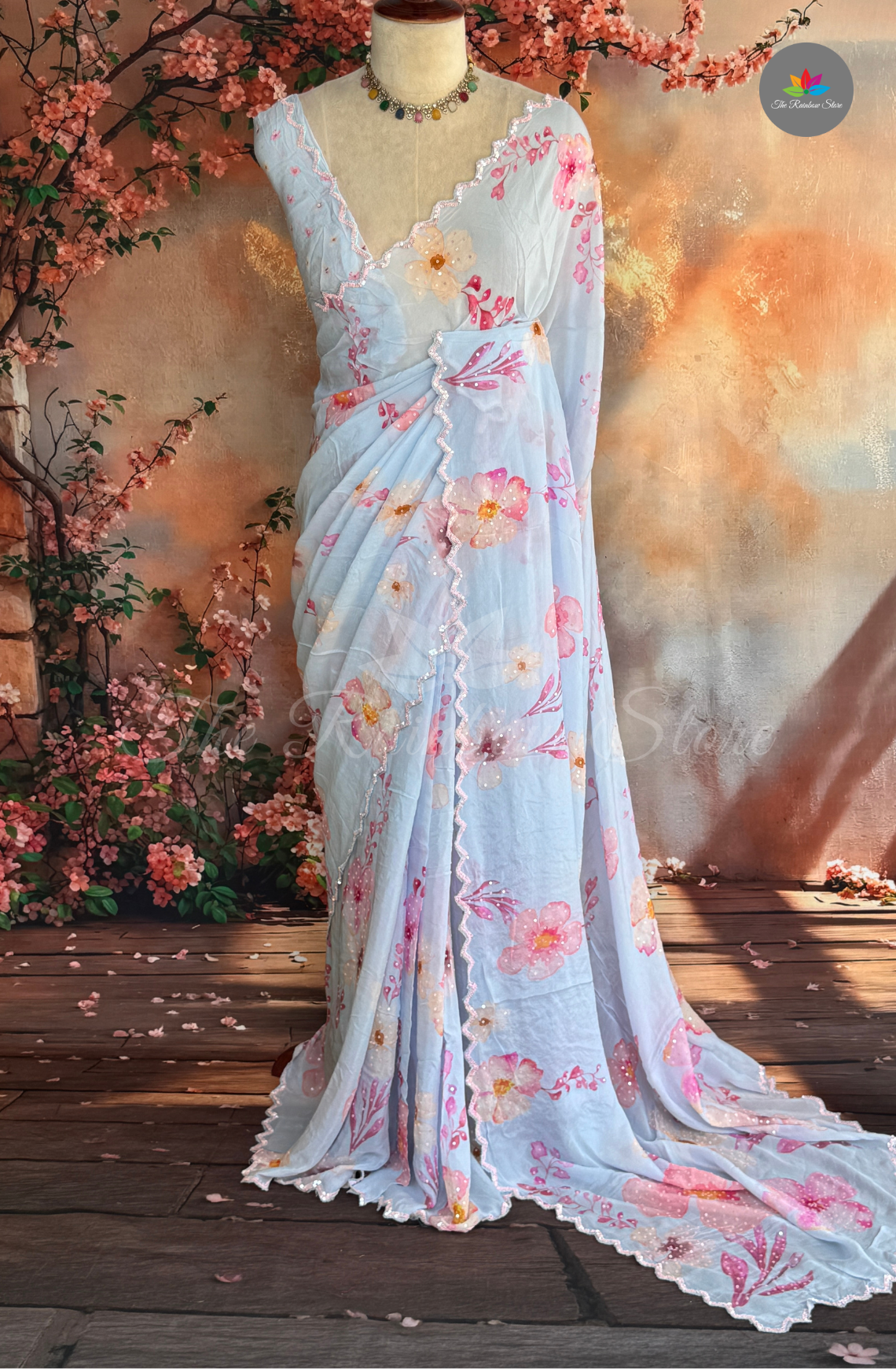 Premium Chiffon Embroidery Saree - Baby Blue with Pink