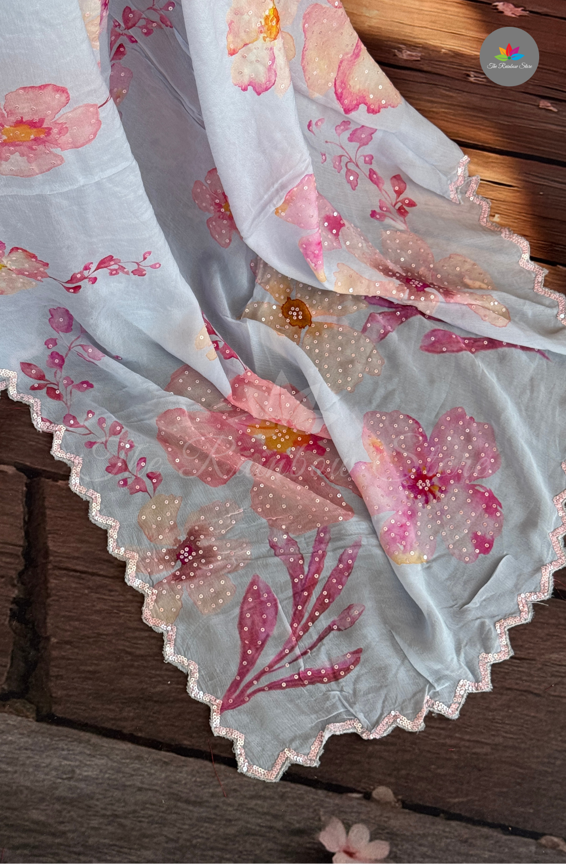 Premium Chiffon Embroidery Saree - Baby Blue with Pink
