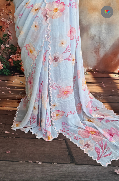Premium Chiffon Embroidery Saree - Baby Blue with Pink
