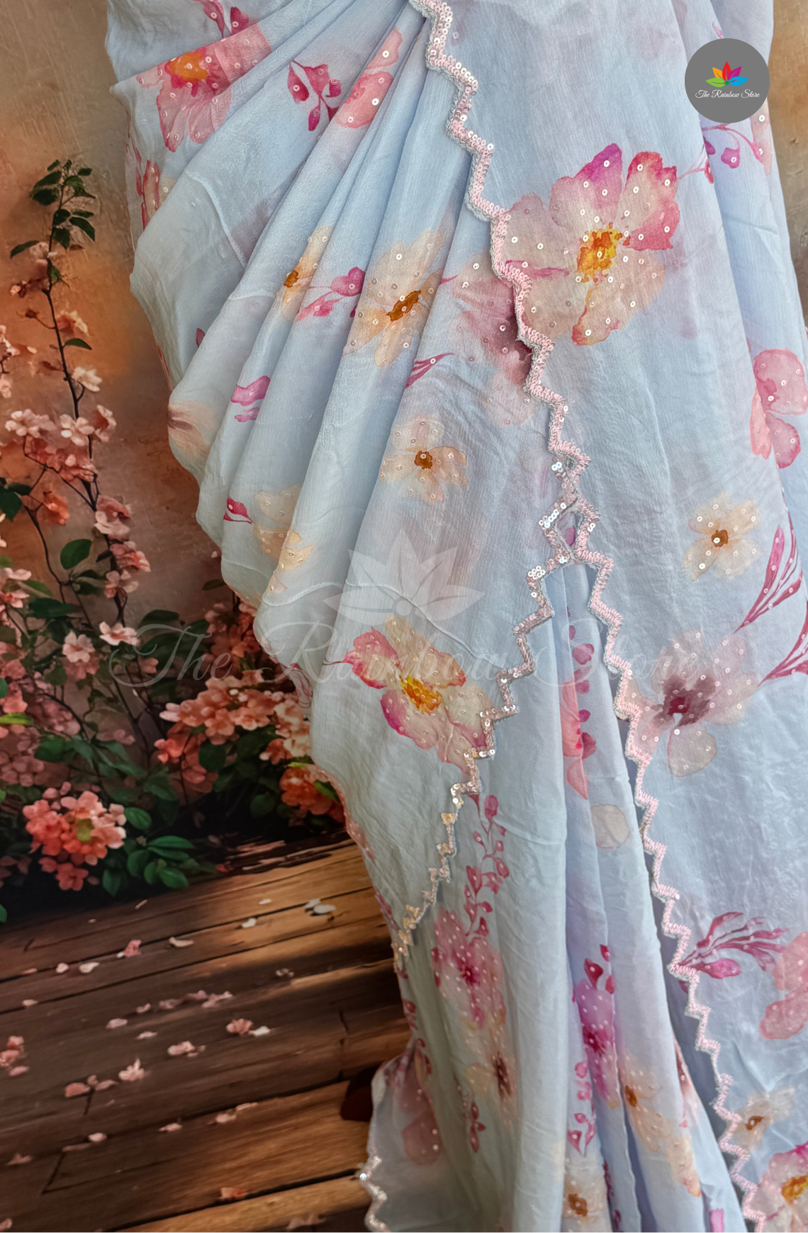 Premium Chiffon Embroidery Saree - Baby Blue with Pink