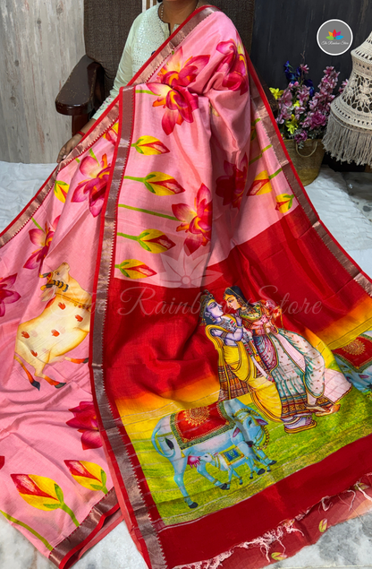 Mangalagiri Pattu Saree - Baby Pink base with Deep Pink