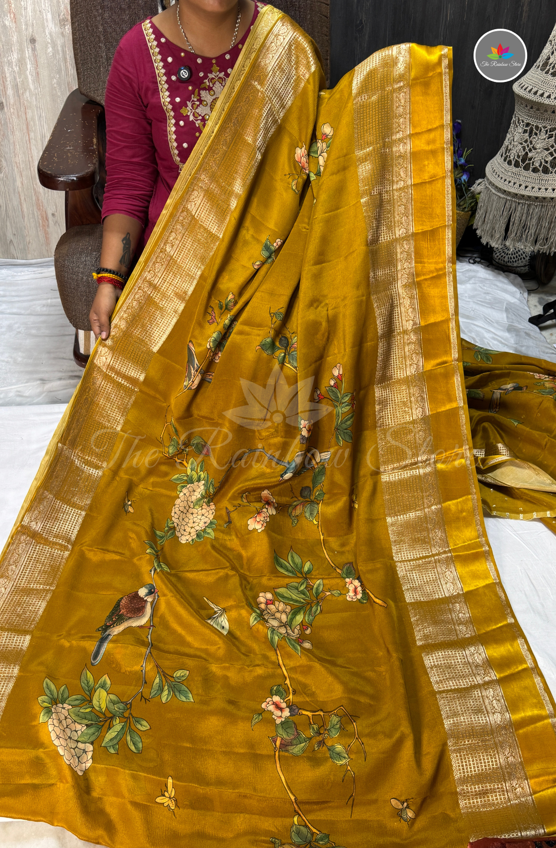 Bird & Floral Print Chinon Saree – Mustard Yellow