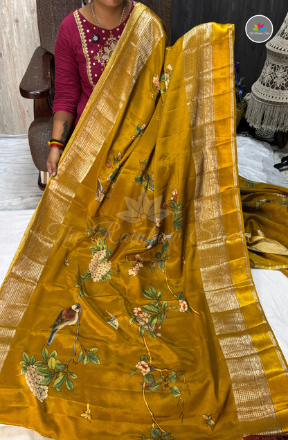 Bird & Floral Print Chinon Saree – Mustard Yellow