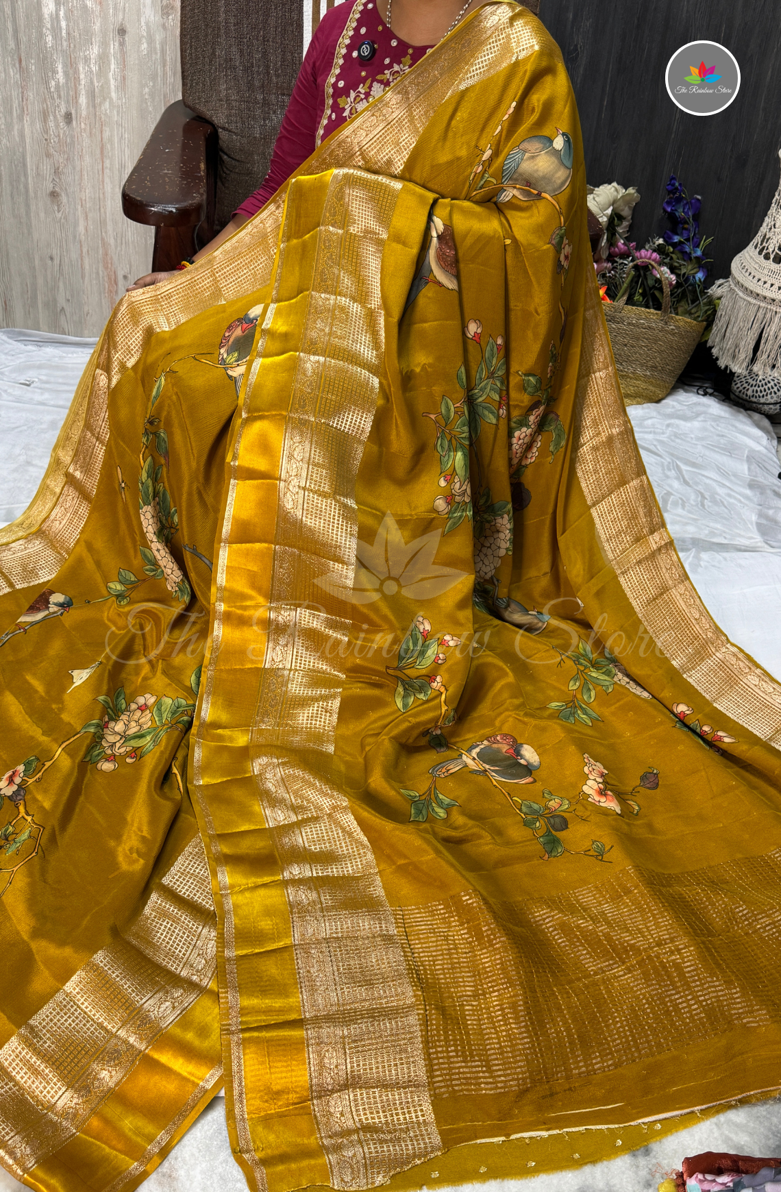 Bird & Floral Print Chinon Saree – Mustard Yellow