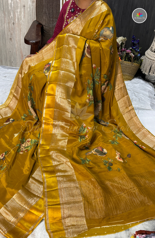Bird & Floral Print Chinon Saree – Mustard Yellow