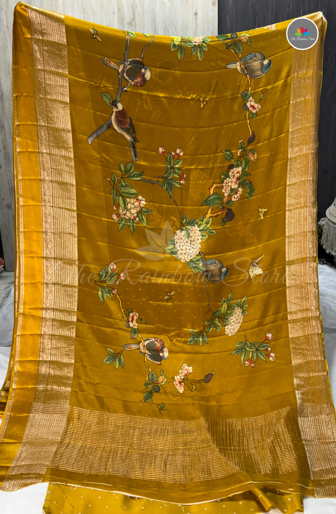 Bird & Floral Print Chinon Saree – Mustard Yellow