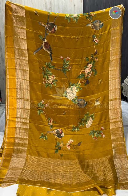 Bird & Floral Print Chinon Saree – Mustard Yellow