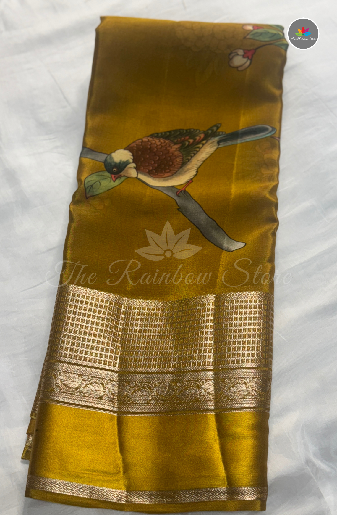 Bird & Floral Print Chinon Saree – Mustard Yellow