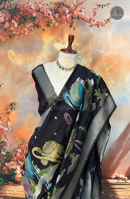 Kosa Tussar Saree - Black Peacock