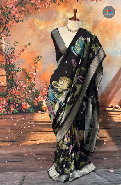 Kosa Tussar Saree - Black Peacock