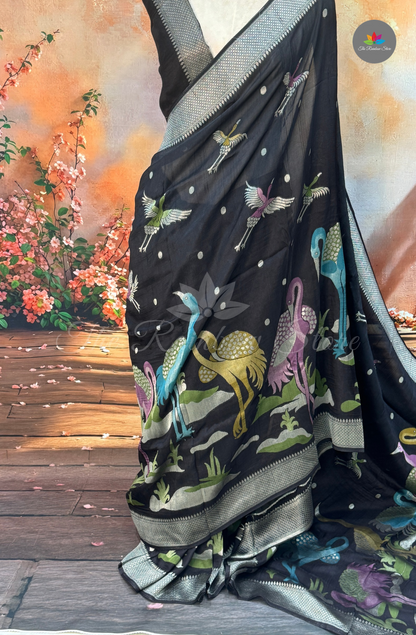 Kosa Tussar Saree - Black Peacock