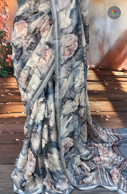 100 gms Chiffon Saree - Blue Floral