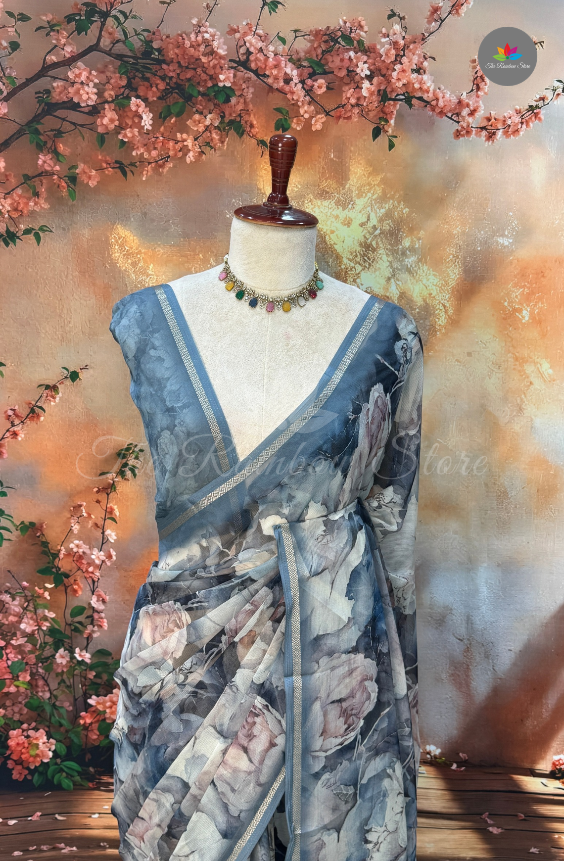 100 gms Chiffon Saree - Blue Floral
