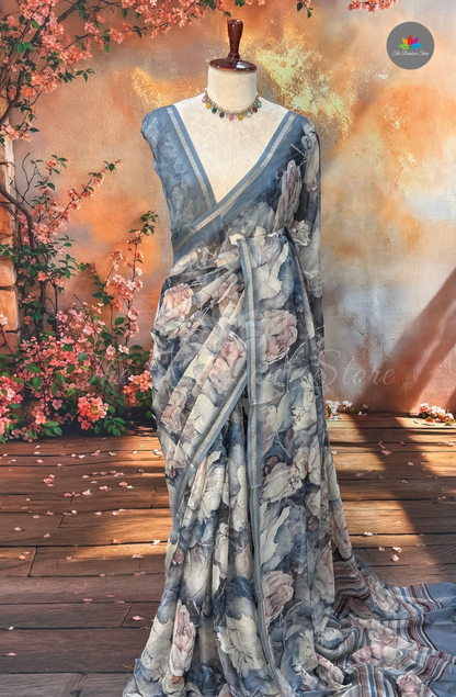 100 gms Chiffon Saree - Blue Floral
