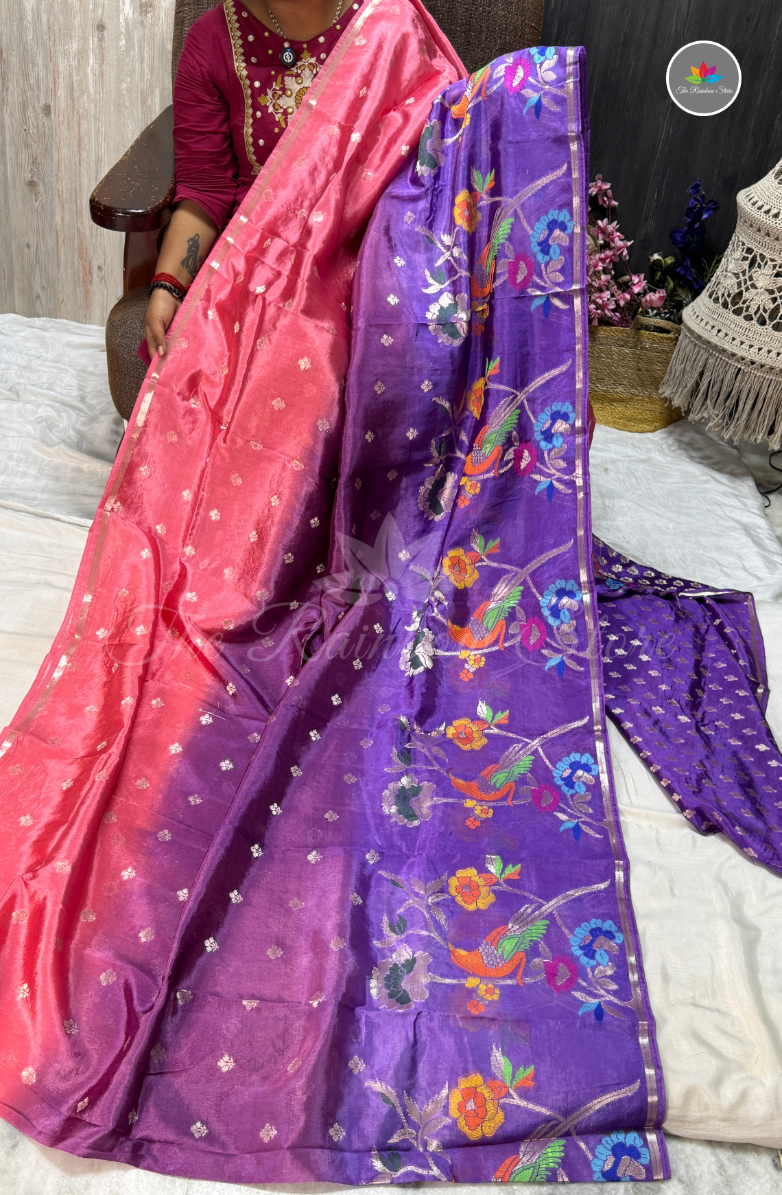 Dual-Tone Paper Silk Saree - Blush Pink & Royal Purple