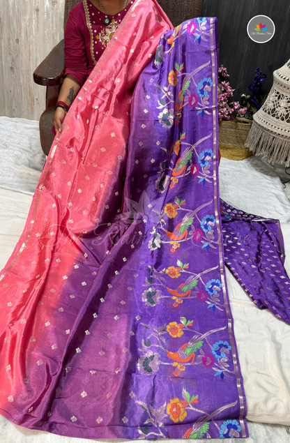Dual-Tone Paper Silk Saree - Blush Pink & Royal Purple