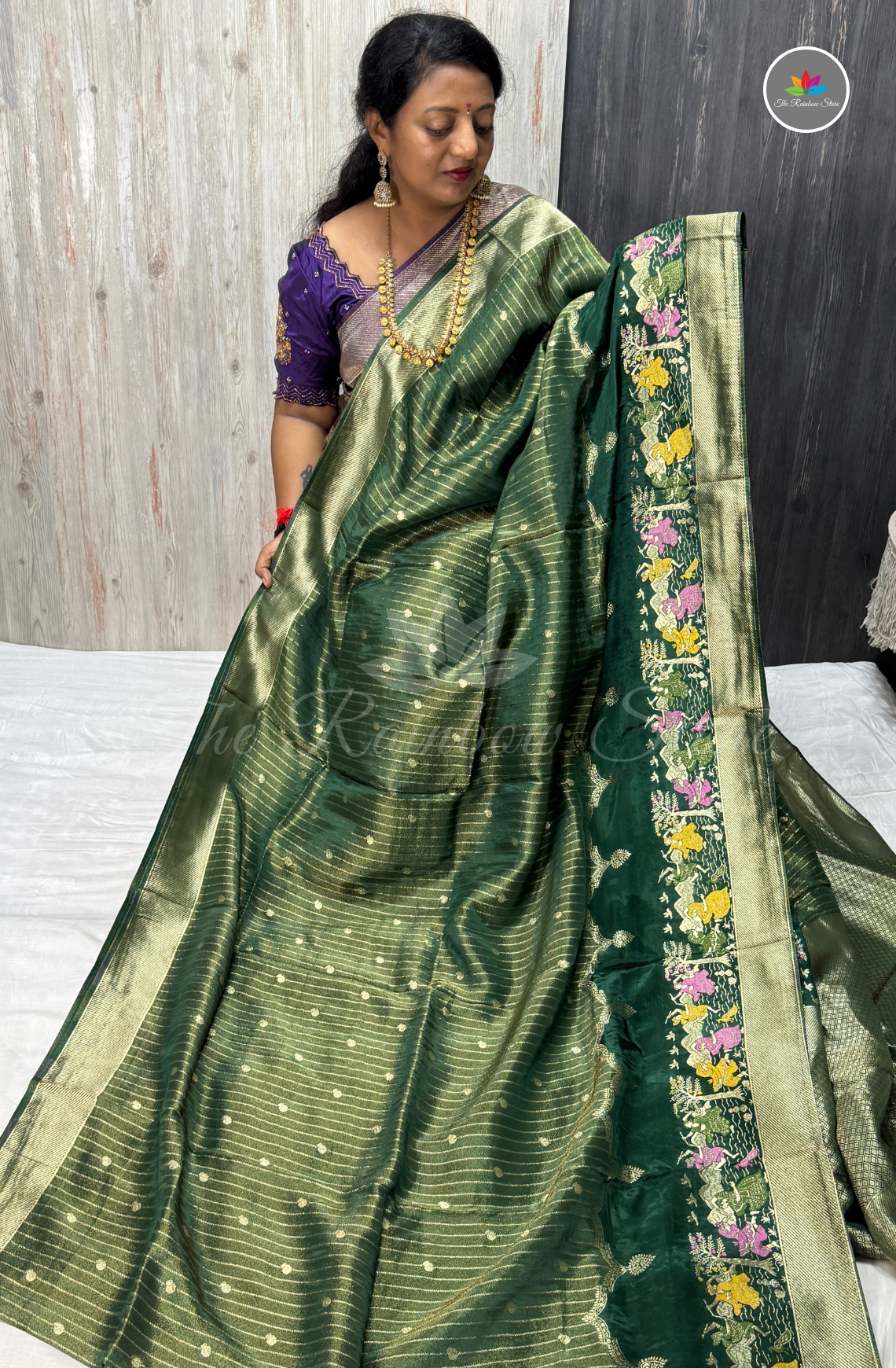 Imported Satin Tissue Mushru Saree - Bottle Green with Antique Gold Border