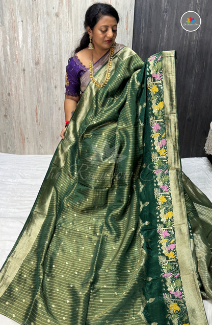 Imported Satin Tissue Mushru Saree - Bottle Green with Antique Gold Border
