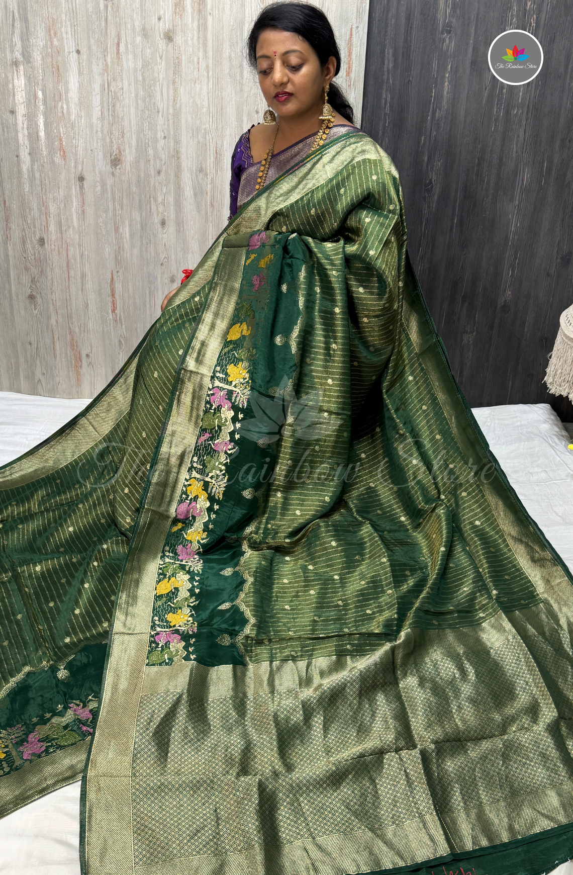 Imported Satin Tissue Mushru Saree - Bottle Green with Antique Gold Border