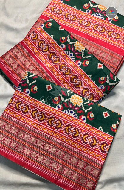 Patola Saree - Bottle Green with Rani Pink Border
