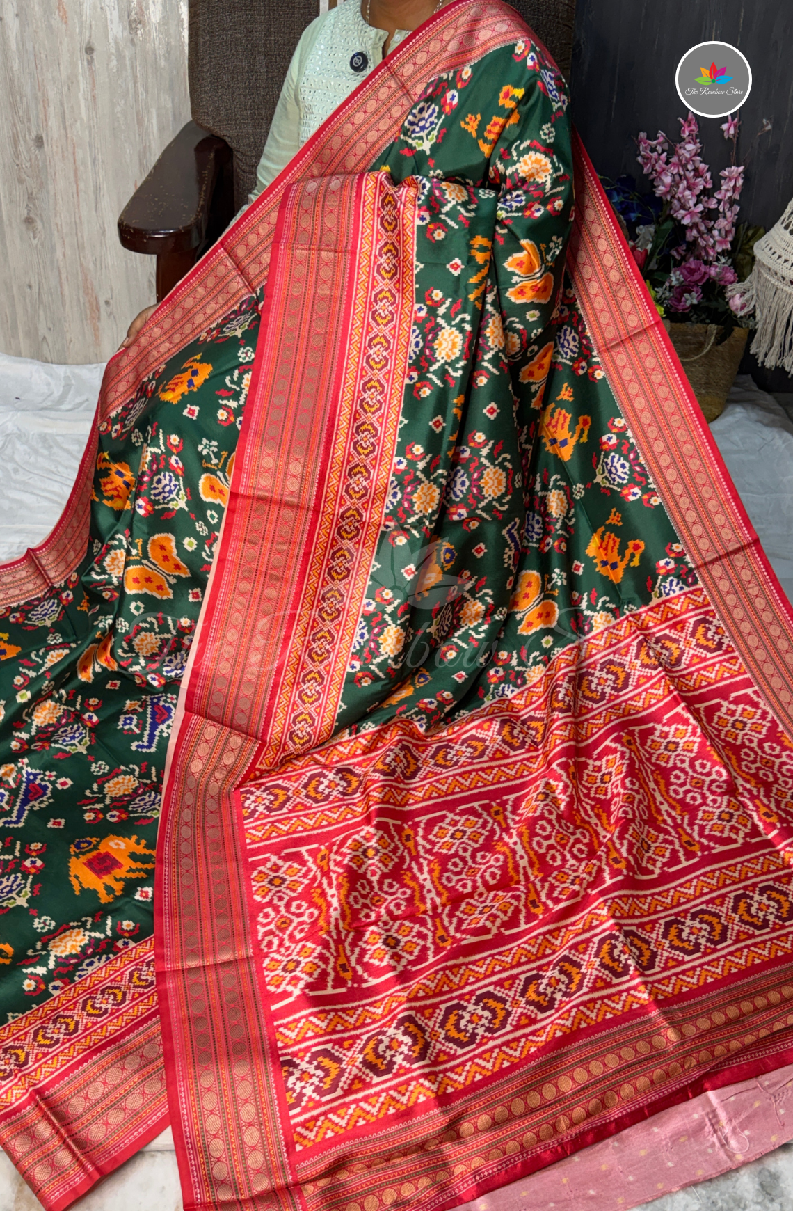 Patola Saree - Bottle Green with Rani Pink Border