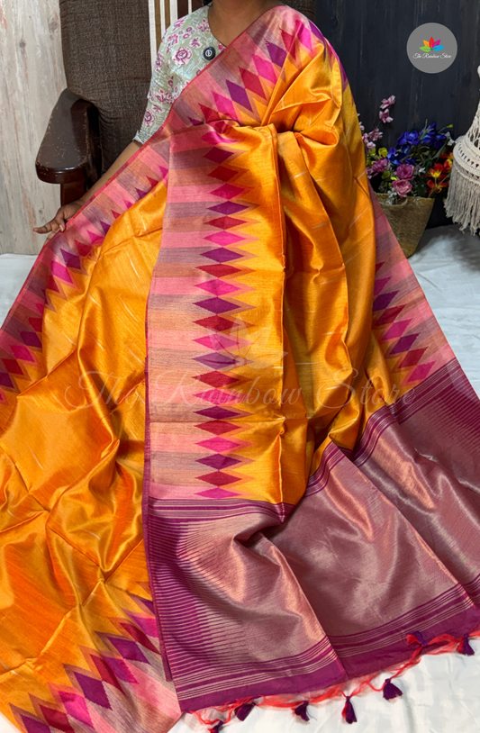 Ikkat Tusser Silk With Jamdani Weaves - Bright Golden Yellow
