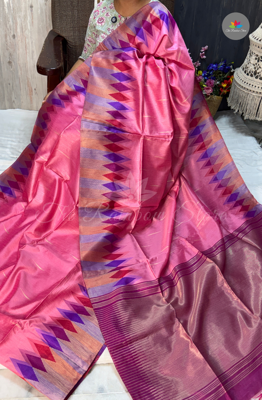 Ikkat Tusser Silk With Jamdani Weaves - Bright Rani Pink