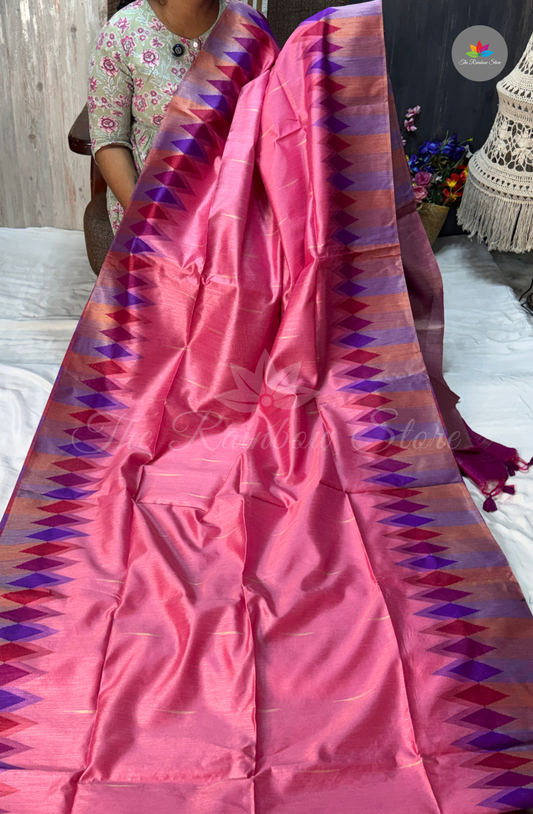 Ikkat Tusser Silk With Jamdani Weaves - Bright Rani Pink