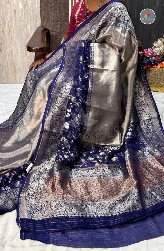 Brocade Tissue Saree - Navy Blue