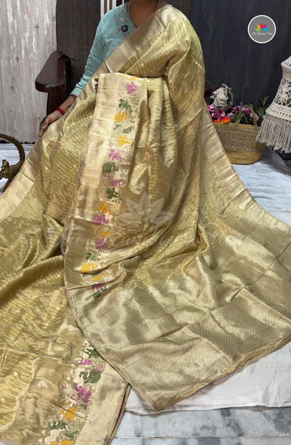 Imported Satin Tissue Mushru Saree - Champagne Gold & Antique Gold