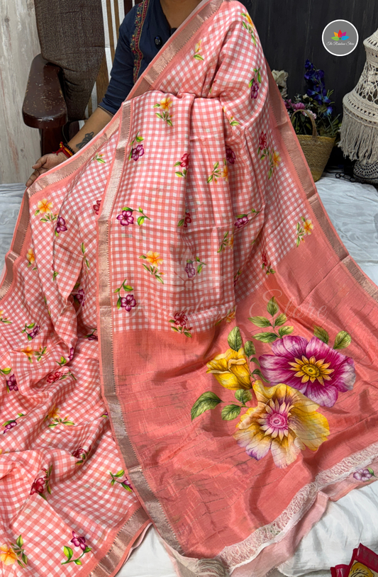 Checked Mangalagiri Pattu Saree - Peach