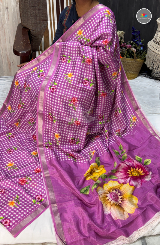 Checked Mangalagiri Pattu Saree - Purple