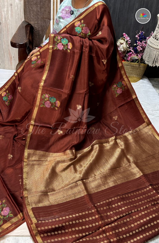 Organza Silk Saree - Coffee Brown